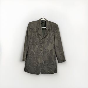 Tahari Blazer Jaquard 4 Button Jacket Size 6 Olive Green Pockets Long Length